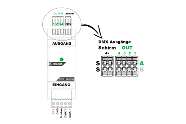 DMX, RS485, 4-Port Splitter (Booster) Unidirektional